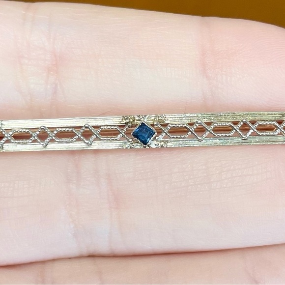 10K Sapphire art nouveau style vintage filigree blue solid gold bar pin brooch - Picture 2 of 10